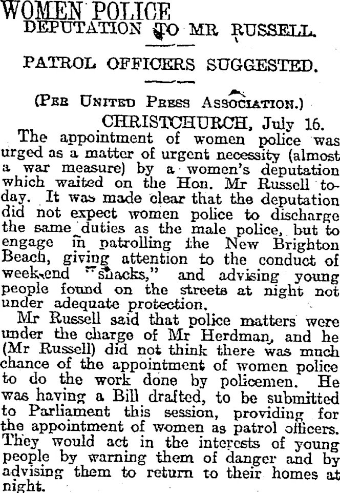 WOMEN POLICE (Otago Daily Times 17-7-1917)