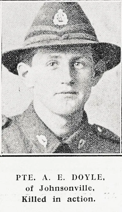 Pte A E Doyle of Johnsonville, killed in action