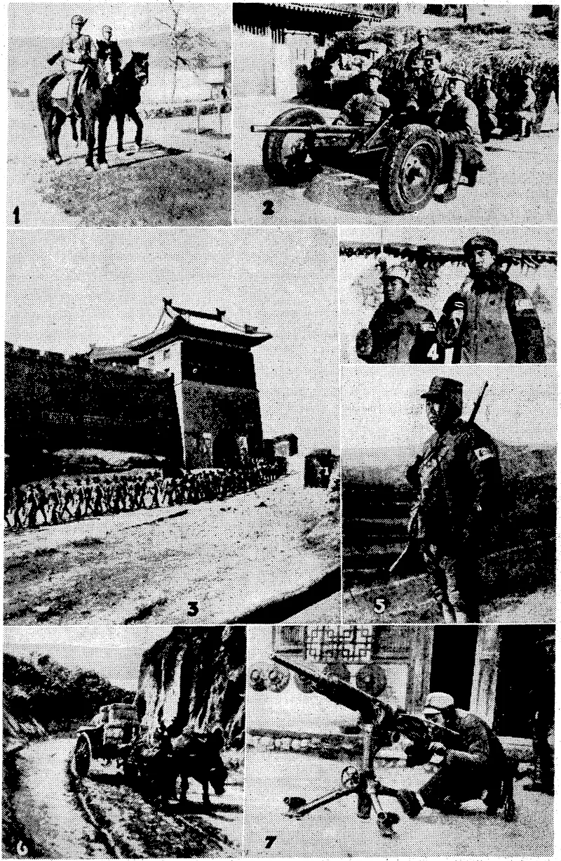 These.suiews show the type of Chinese troops, which, are harassing the , Japanese behind the*lines in guerrilla warfare. 1. Youthful jChinese scouts mounted on. captured cavalry horses and armed'with. Japanese carbines. 2. Men of the, Chinese Eighth Route Army, whidh'kas -no .artillery of its own, training with an anti-tank gun' captured .near Yuanping, in North Shansi. .3. A, Chinese:regiment on the inarch on the Shantung front., 4. Chinese soldiers equipped ivith captured Japanese rifles and winter coats. ■ 5. • A Chinese guerrilla fighter shearing his full winter:equipment. 6. The road the Japanese have had to travel, ideal .country for guerrilla fighting.' 7. A machinegun' captured from the Japanese near Kuohsien and now used against ; aircraftby'Chinese\trpops. (Evening Post, 26 July 1938)