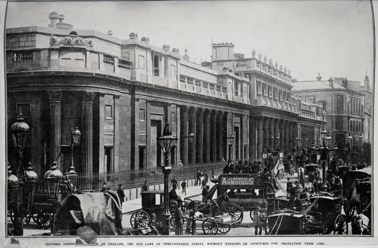 HISTORIC LONDON: THE BANK OF ENGLAND, THE OLD LADY OF THREADNEEDLE STREET, WITHOUT WINDOWS OR APERTURES FOR PROTECTION FROM FIRE