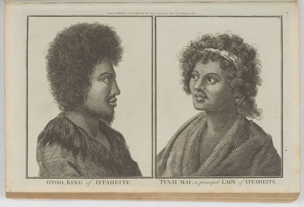 Otoo, a King of Otaheite; Tynai-mai, a Principal Lady of Otaheite. Plate 24. From the book New, authentic, and complete collection of voyages round the world.