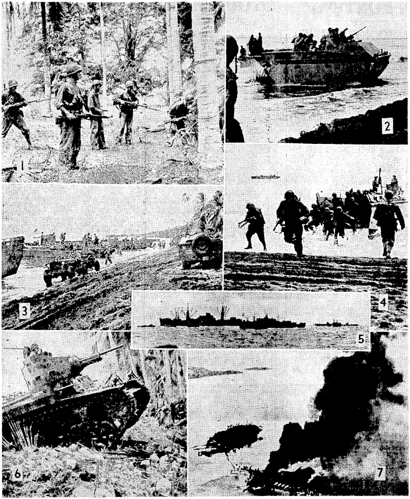 United Stales marines and navy bombers hi the "Solomon Islands. 1, Marines approaching a snipers' nest. 2, One of the American amphibious tanks, called "Alligators,'9 landing on the beach at Guadalcanal: 3, American invasion barges landing marines and their "jeeps." 4, Marines landing from a big invasion barge. 5, The sea off the Solomons is full of transports. 6, One of the tanks landed on Guadalcanar Island nfoving up the beach. 7, Black smoke rising from Tanambogo Island, after United States carrierbased planes had attacked Japanese installations. (Evening Post, 07 October 1942)