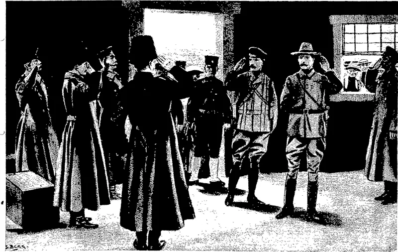 MESSES KIRTON AND KNIGHT, ON THEIR WAY TO FENG-HWANG-CHENG, SALUTING RUSSIAN PRISONERS. The correspondents, Mr Walter Kiiton and Mr Knight (the latter of whom lost his arm in the Boer War) came upon a number of Russian prisoners in a house by the wayside. They at once entered and saluted the unfortunate soldiers — an act which greatly impressed the  Japanese camp-followers outside the window. (.From the Illustrated London News.) (Otago Witness, 07 September 1904)