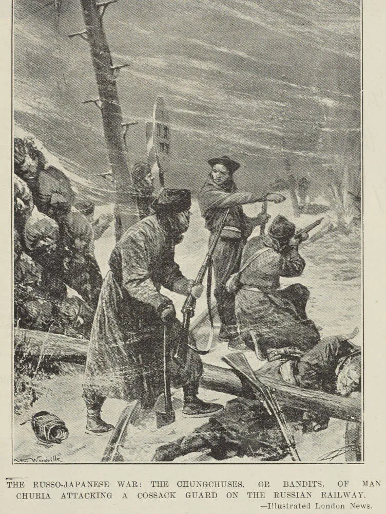 The Russo-Japanese war: the Chungchuses, or bandits, of Manchuria attacking a cossack guard on the Russian railway