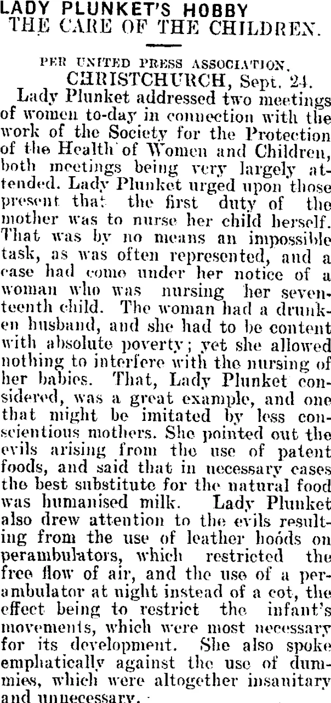 LADY PLUNKET'S HOBBY. (Mataura Ensign 25-9-1908)