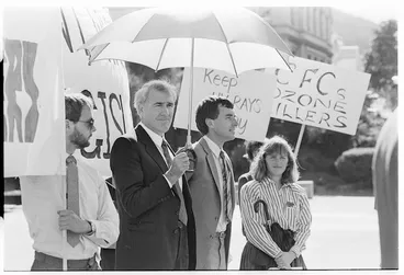Image: Environment Minister, Geoffrey Palmer, at the Royal Forest and Bird Protection Society Save the Ozone rally, Parliament grounds, Wellington - Photograph taken by Jon Hargest
