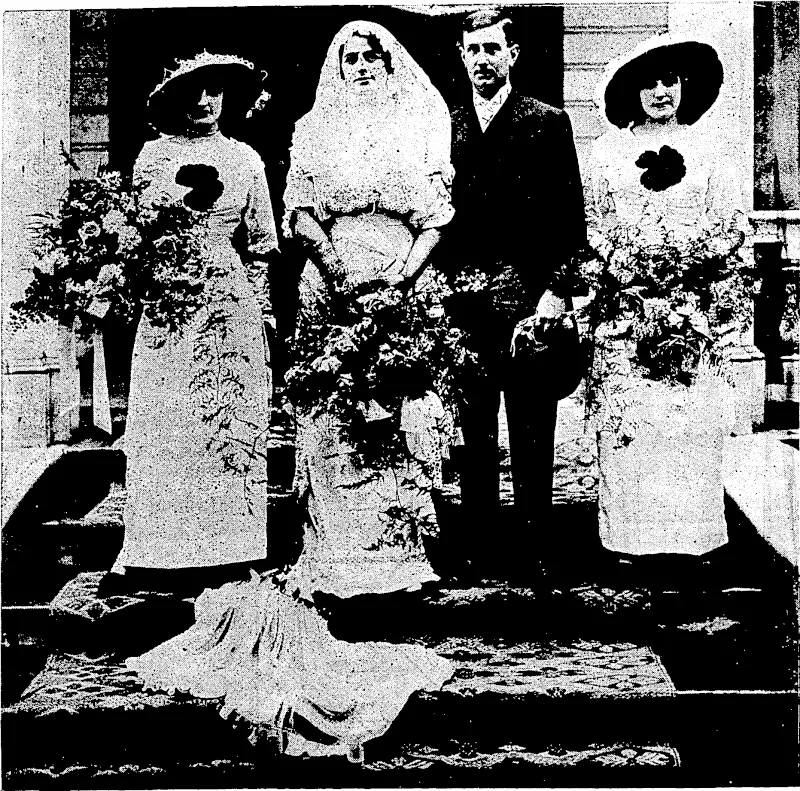 v ~ ; Schmidt Studios, RALPH-NAPIER WEDDING. Miss Margaret Ralph (bridesmaid), Miss Rosie Ralph (bride), Mr Esmond Napier (bridegroom). Miss Rena Ralph (bridesmaid). (Observer, 27 March 1915)