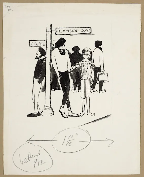 Artist unknown :[Beatniks outside a coffee bar in Lambton Quay. ca 1960]