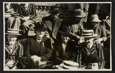 Image: Agnes Isobel Stout with her son John David Stout and another woman and boy, Christ's College sports day