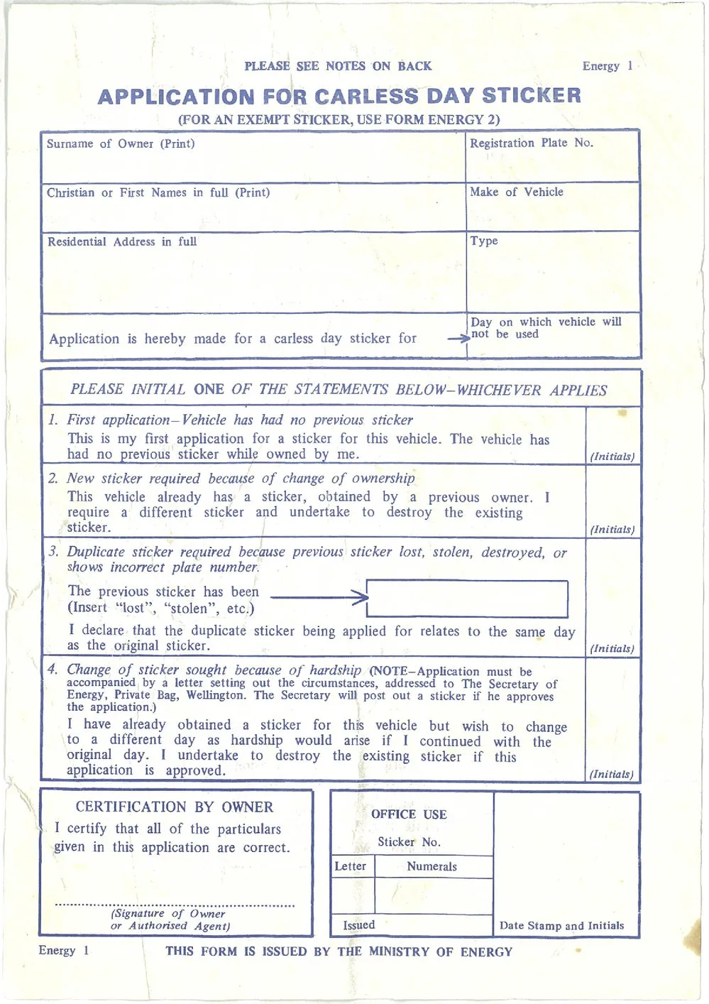 Application for carless day sticker, 1979-1980