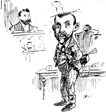 Image: Leu-is, e.r-M.H.R. (charged with bicycling on a footpath) : It was just my joke, Your Worship. lam so full of jokes. And there i; nothing against jokes in the bye-laws.  His Worship: Well, if it would oblige you, and you would like to take your joke to a higher court, I will, as a personal fnrour, fine you l.y It (Observer, 17 May 1902)