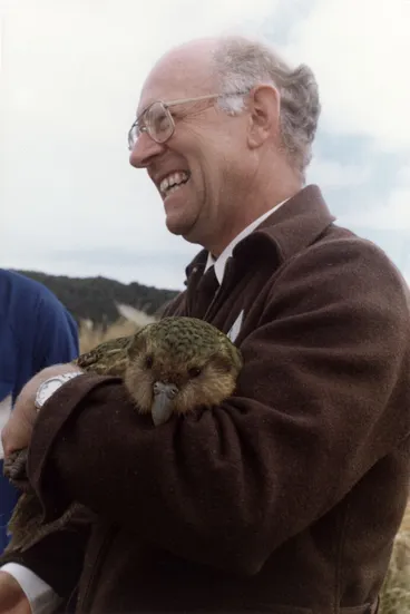 Image: Conservationist Don Merton, showing a kakapo to Duke of Edinburgh on Stewart Island.