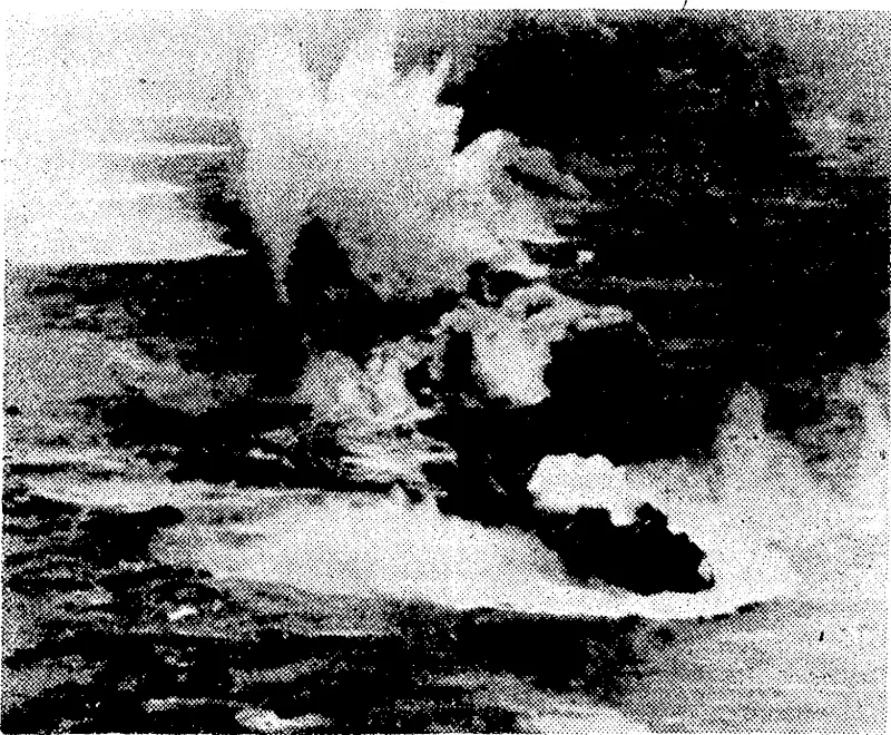 Lord Louis MounlbaUen, Supreme Allied Commander, South-east Asia, being congratulated by General Chiang Kai-shek after receiving the Cloud and Banner Ist class, the highest Chinese military decoration. In American bomber scored a direct hit on a Japanese, frigate ncar4 Sivaloiv, China. The ship sank in a jew minutes. (Evening Post, 26 May 1945)