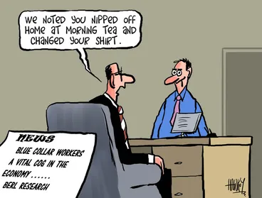 Image: Hawkey, Allan Charles, 1941- :'We noted you nipped off home at morning tea and changed your shirt.' 19 December 2011