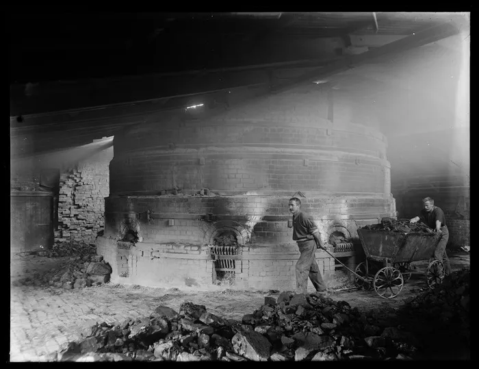 Kiln, and workers, at a pipe manufacturing business, probably Christchurch