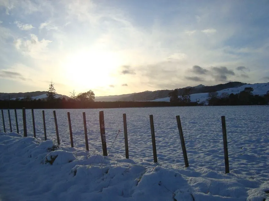 Waking up to snow with sun rising