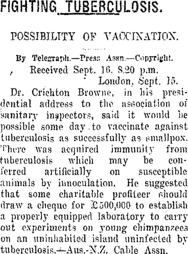 Image: FIGHTING TUBERCULOSIS. (Taranaki Daily News 17-9-1920)