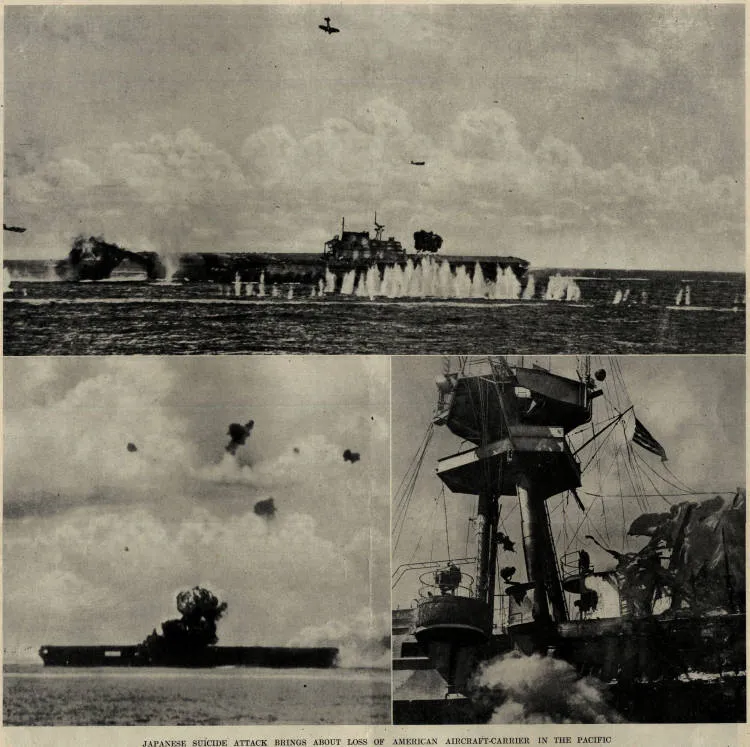 Japanese suicide attack brings about loss of American aircraft-carrier in the Pacific