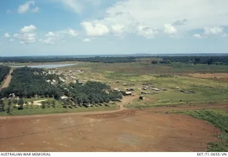 Nui Dat, South Vietnam. 1971. Aerial view of the NZ gun battery area at 1st Australian Task Force (1ATF) base
