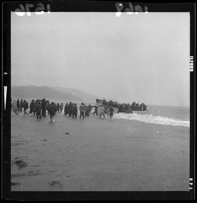 Life boat from ship Wahine landing on Seatoun beach
