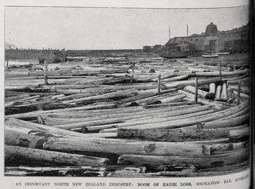 Image: An important North New Zealand industry: Boom of Kauri logs, Mechanics Bay, Auckland