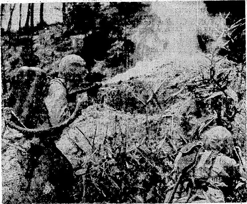 An American marine of the 6th Division, with the .latest-pattern, offlame-thrower, plays on the entrance to a cave on Okinawa to dislodge a Japanese patrol, with a rifleman standing by. (Evening Post, 09 June 1945)