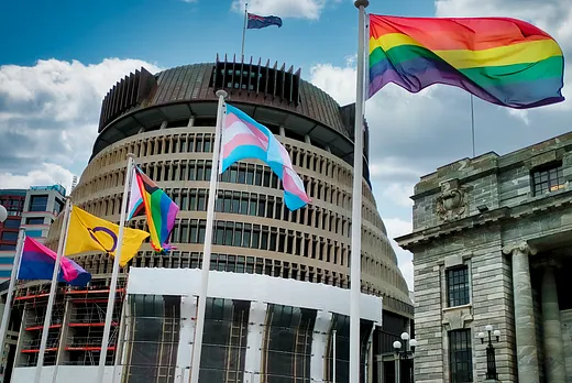 Pride flags fly at Parliament, Wellington, New Zealand