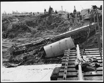Image: Locomotive on the banks of the Whangaehu Stream, at the scene of the 1953 railway disaster at Tangiwai