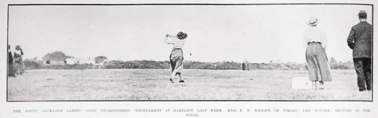 The South Auckland Ladies' Golf Championship tournament at Hamilton last week: Miss E N Wright Of Timaru, the winner, driving in the final