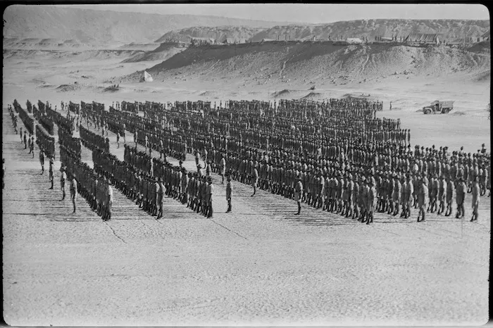 Mr William Jordan inspecting troops on parade, Maadi camp, Egypt