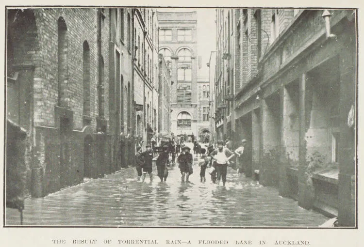 The result of torrential rain - a flooded lane in Auckland