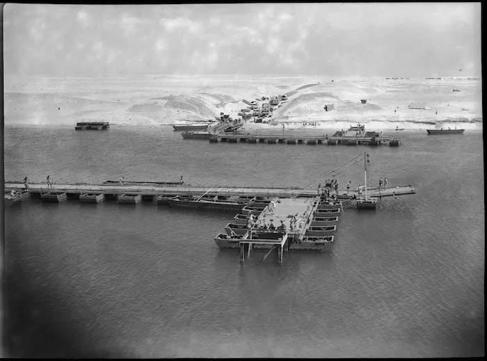 Part of panorama of pontoon bridge across Suez Canal rebuilt by NZ engineers, World War II - Photograph taken by George Kaye
