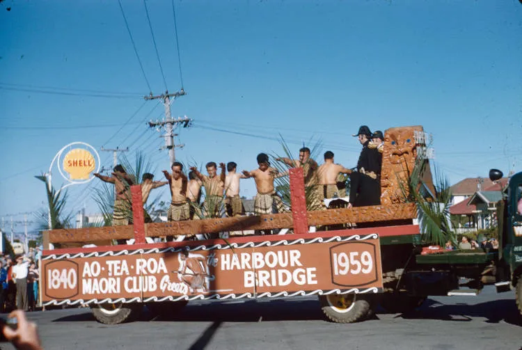 Aotearoa Maori Club float, Auckland Harbour Bridge opening day parade, 1959