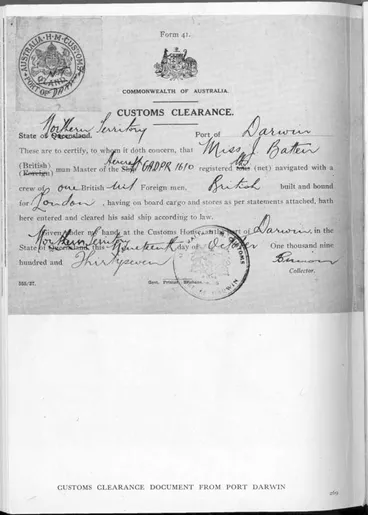 Image: Customs clearance document from Port Darwin