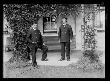 Image: [Portrait of two male attendants on the veranda of the  Avondale Lunatic Asylum]
