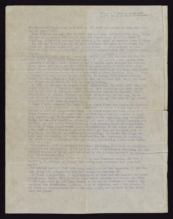 Medical report on Katherine Mansfield