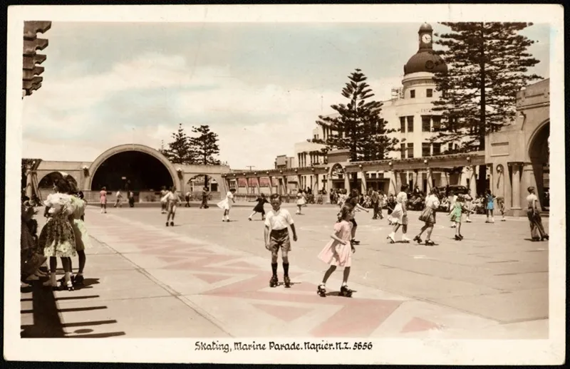 Children roller-skating on Marine Parade, Napier.