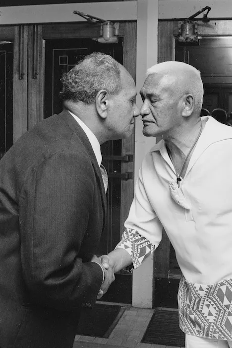 Manaaki Whaanga and Wiremu Kerekere greeting at Maori Leadership Ball, Wellington - Photograph taken by Ross Giblin