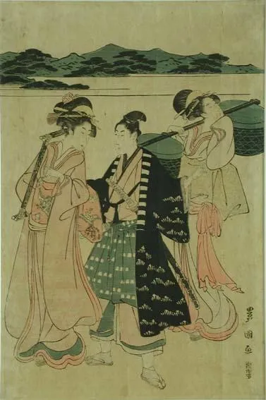 Two women and a man bearing presents accompany a bridal procession to the brides future home