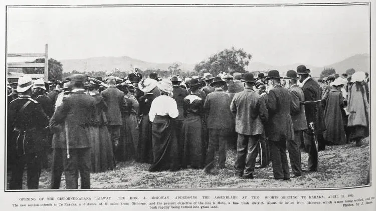 OPENING OF THE GISBORNE-KARAKA RAILWAY: THE HON. J. MCGOWAN ADDRESSING THE ASSEMBLAGE AT THE SPORTS MEETING, TE KARAKA, APRIL 13, 1905