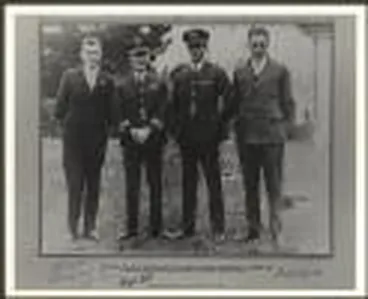 Image: Portrait of T.H. McWilliam, Charles Kingsford Smith, Charles Ulm and H.A. Litchfield at Wigram Aerodrome, Christchurch, New Zealand, 11 September 1928 [picture] /