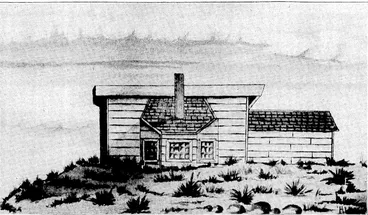 Image: FIRST LIGHTHOUSE AT PENCARROW.—The three windows shown in the illustration formed the lantern of the first lighthouse at Pencarrouu Behind this> protection were .placed oil lamps, giving a very feeble glimmer compared with'those used in a modern lighthouse. The site of the light is now to be abandoned, and a contract has been let for the erection of a lighthouse at Baring Head, to the east'of Pencarroiv. This illustration is from a drawing in the possession of the head keeper at Pencarrow Lighthouse. (Evening Post, 11 January 1934)