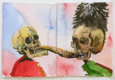 Image: 2 skeletons fighting over a fish (After Ensor)