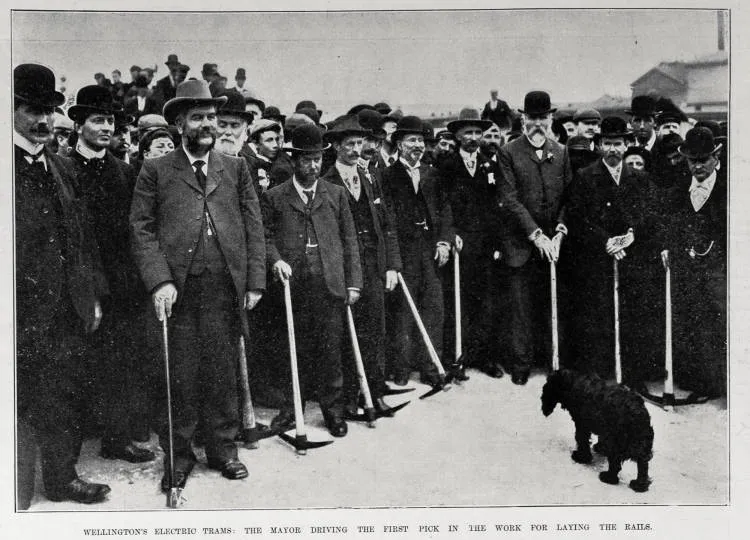 Wellington's electric trams: the mayor driving the first pick in the work for laying the rails