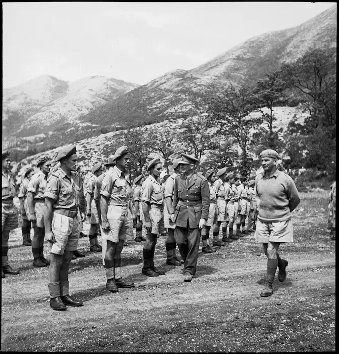 Lieutenant General Edward Puttick inspects New Zealand Divisional Artillery, Italy, World War II - Photograph taken by M D Elias