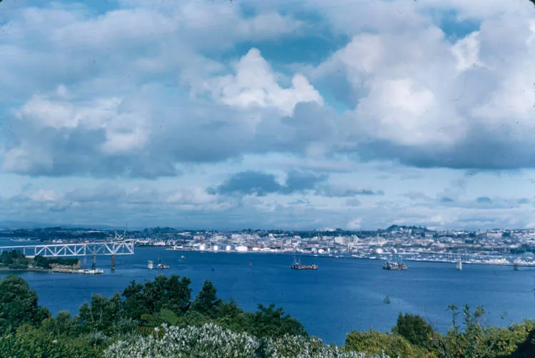 Harbour bridge under construction, from Birkenhead Point, 1958