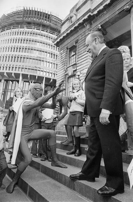 Robert Muldoon meets Spider-Man on the steps of Parliament - Photograph taken by Alan Stevenson
