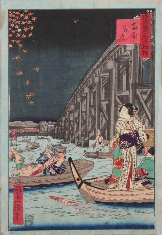 Fireworks by a bridge; a rocket lands in a boat