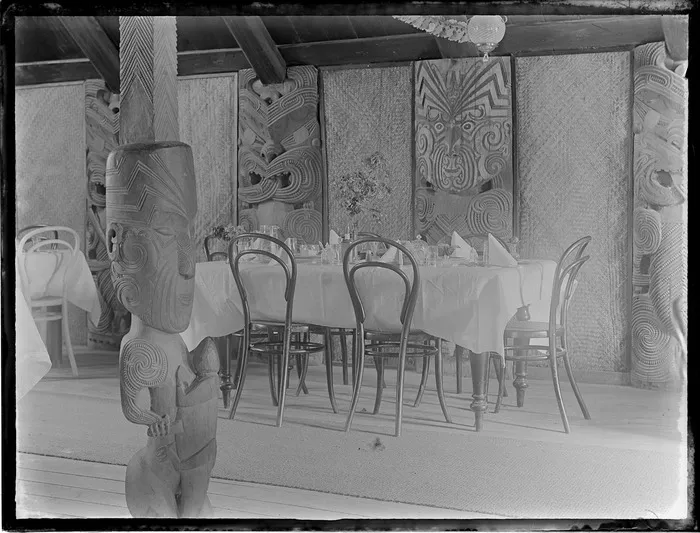 Maori carvings inside a restaurant, Taupo District