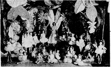 Image: A scene" from "Fairy Frolics," the Children's Entertaiifenent -which is being, presented * each afternoon this week, at 2 o'clock, in the specially-built theatre at the D.I.C, on the Quay. "Fairy Frolics," a 60-minute pantomime, is arranged' by Mrs. • Ina'Allan,- with the pupils- of Miss Dorothy Daniells's dancing class as performers, it's a Splendid show for Boys and Girls. Admission is Is, and everyone gets an Ice. Cream, as well as a surprise from Santa's Pack, at the conclusion of "Fairy Frolics." Tickets for each afternoon's performance are obtainable from the D.I.C. Box Offlce.—P.B.A. (Evening Post, 18 December 1944)